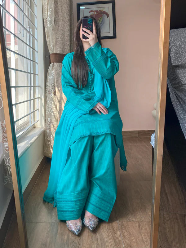 3 Piece - Lawn Dobby Dress with Farshi Shalwar