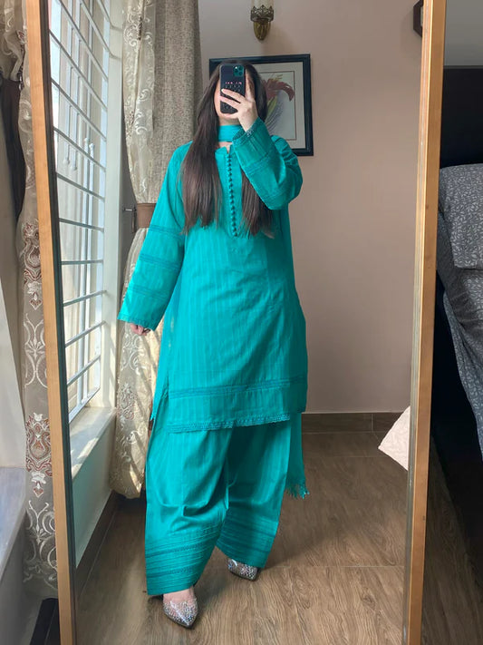 3 Piece - Lawn Dobby Dress with Farshi Shalwar