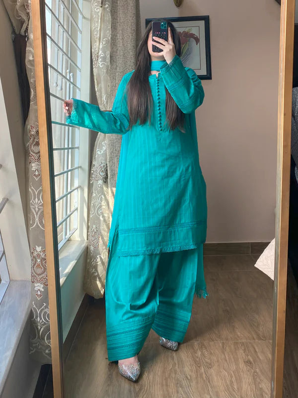 3 Piece - Lawn Dobby Dress with Farshi Shalwar