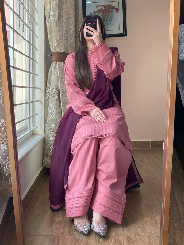 3 Piece - Lawn Dobby Dress with Farshi Shalwar