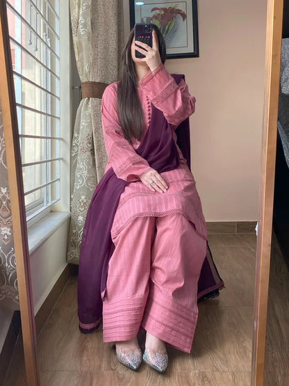 3 Piece - Lawn Dobby Dress with Farshi Shalwar