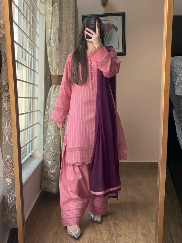3 Piece - Lawn Dobby Dress with Farshi Shalwar