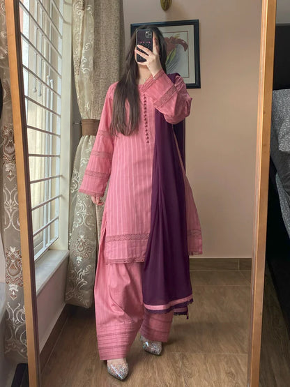 3 Piece - Lawn Dobby Dress with Farshi Shalwar