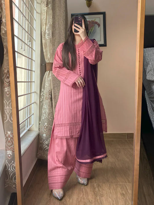 3 Piece - Lawn Dobby Dress with Farshi Shalwar