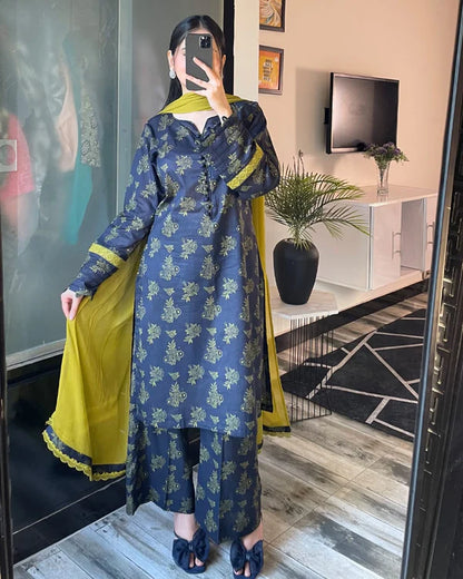 3 Piece - Lawn Printed Dress With Plazo