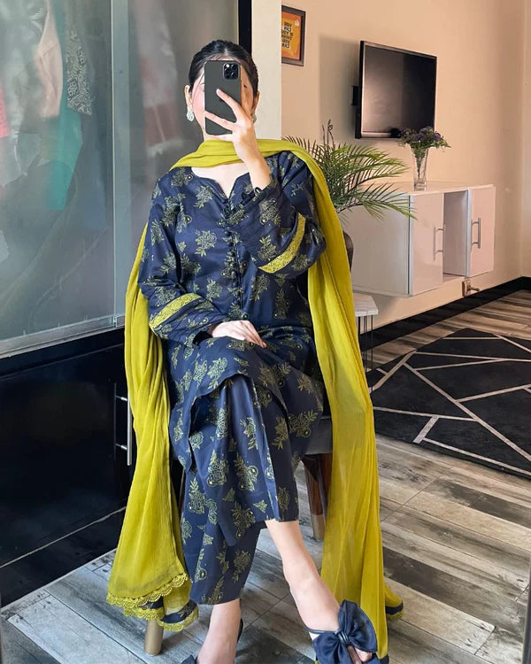 3 Piece - Lawn Printed Dress With Plazo