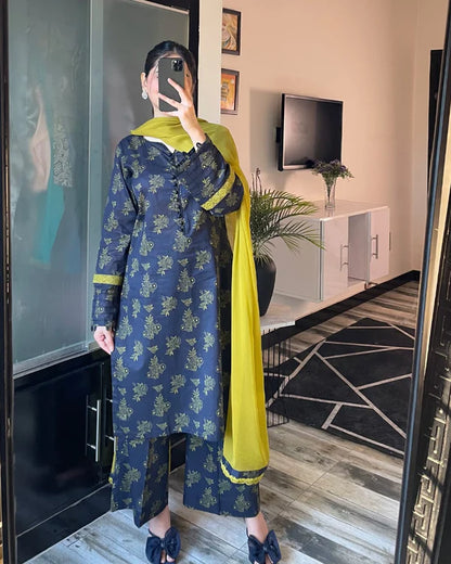 3 Piece - Lawn Printed Dress With Plazo