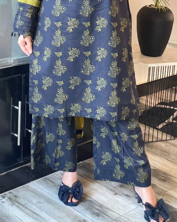 3 Piece - Lawn Printed Dress With Plazo