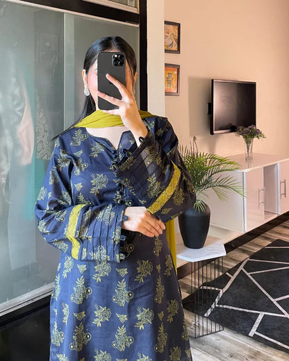3 Piece - Lawn Printed Dress With Plazo