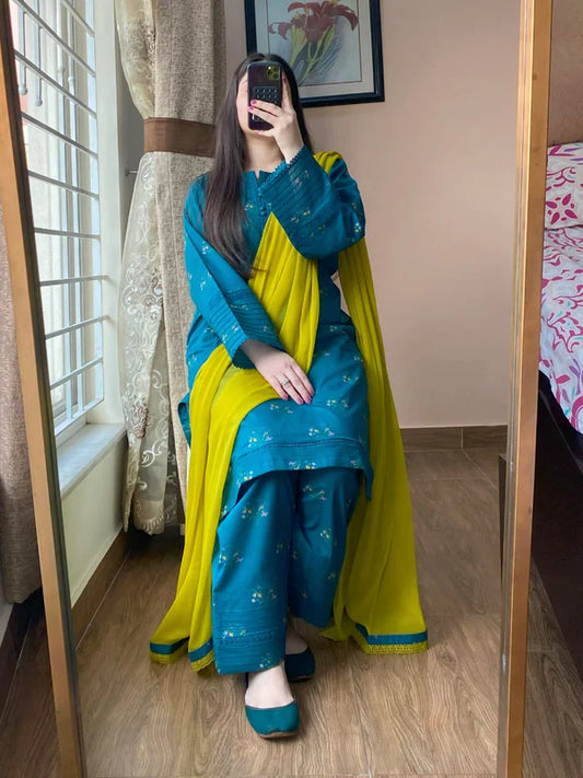 3 Piece - Lawn Printed Dress With Farshi Shalwar