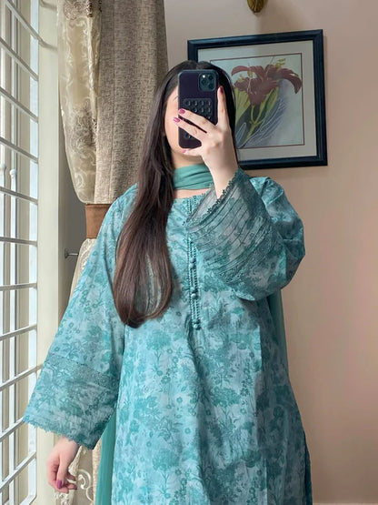 3 Piece - Lawn Printed Dress With Farshi Shalwar
