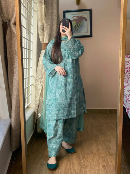 3 Piece - Lawn Printed Dress With Farshi Shalwar