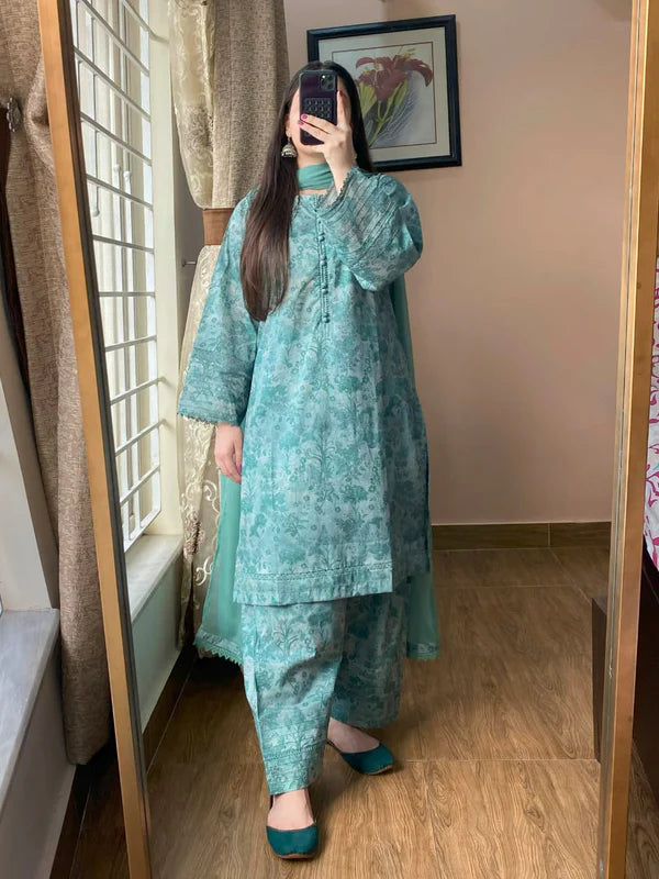 3 Piece - Lawn Printed Dress With Farshi Shalwar