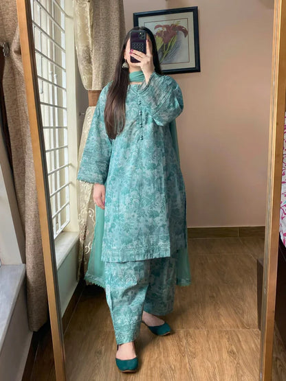 3 Piece - Lawn Printed Dress With Farshi Shalwar