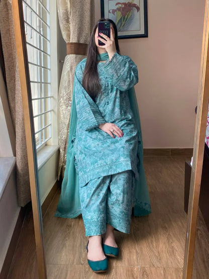3 Piece - Lawn Printed Dress With Farshi Shalwar